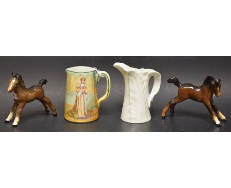 A Beswick foal, another similar; a Royal Worcester miniature fern leaf jug; a Royal Doulton Shakespeare series Katherine jug,