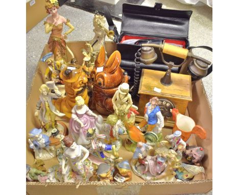 Collectables - ceramic and resin figures; brown glazed sweet jar; old style telephone; a Canon camera with film etc (qty)