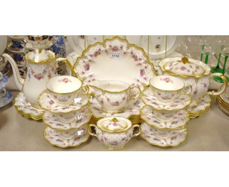 A Royal Crown Derby Royal Antoinette pattern dinner and tea service, comprising teapot, coffee pot, sucrier and cover, milk j