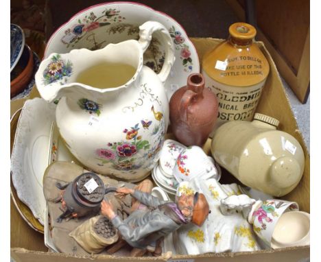 Ceramics - a Pearsons of Chesterfield stoneware hot water bottle; other stoneware; wash basin and jug; miniature Furstenberg;
