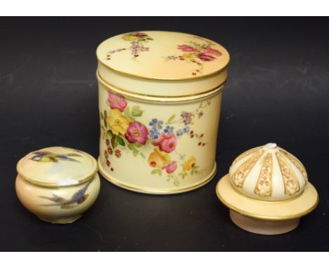 A Royal Worcester blush ivory cylindrical jar and cover; a Royal Worcester blush ivory lid; a Royal Worcester rouge pot and c