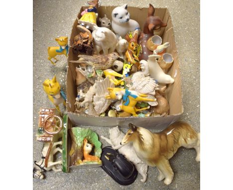 Animal Models - Babycham advertising deer, a Royal Doulton cat,  other models, dog, cats, birds, ceramic, resin, qty (1 box)