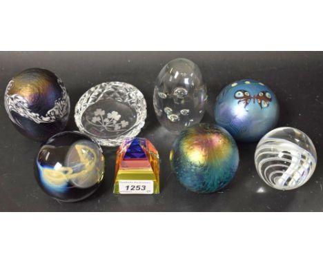 Paperweights - a mid summer glass petroleum globe;  a Sanders and Wallace lustrous vortex paperweight; another Orient and Flu