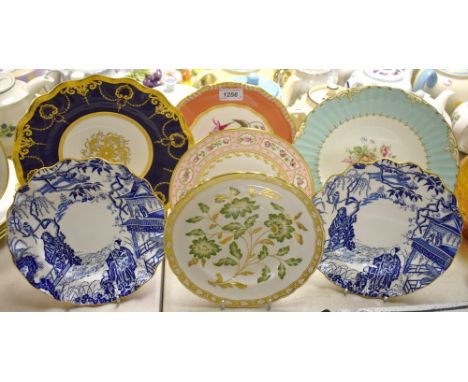 A Royal Crown Derby Billingsley Rose pattern plate, second; a pair of Mikado pattern shaped circular plates, first quality; a