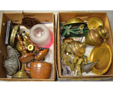 An Islamic copper dish and cover, traces of silvering; a Duplex twin burner oil lamp and frosted glass shade; a pair of oak b