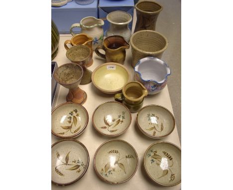 Studio pottery - a pair of Danish candlesticks, signed;  a Winchcombe pottery bowl;  a hook Norton jug; etc; qty