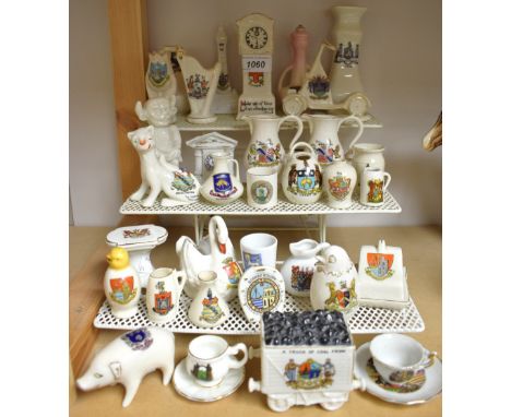 Crested China - A Truck of Coal from Garforth;  others, Cheshire Cat, Blackpool Tower, Lincoln Imp, Hatching Chick, Harp, etc