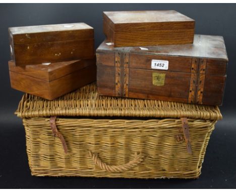 A Wicker picnic hamper; a Victorian rosewood marquetry inlaid writing slope; two small rectangular mahogany boxes hinged cove