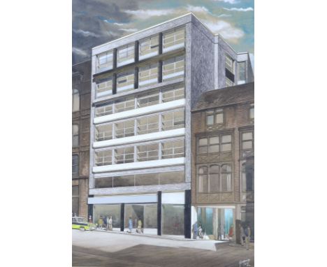TDM Harvey, pencil and watercolour, Architectural design for a building at King Street, Nottingham 1963, signed and dated '62
