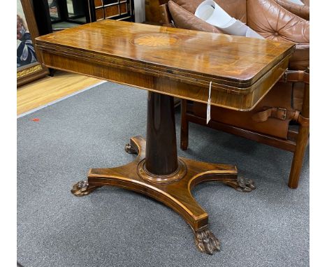 An early Victorian satinwood inlaid rosewood folding card table, width 90cm, depth 45cm, height 71cm