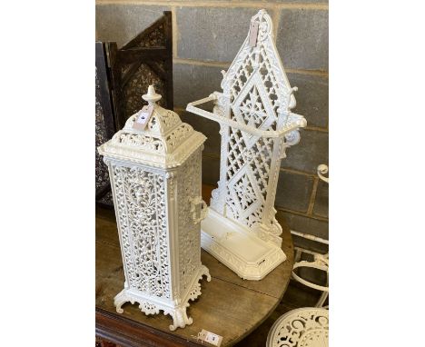 A Victorian Falkirk foundry cast iron stick stand, width 43cm, height 89cm together with a similar Veritas cast iron heater (