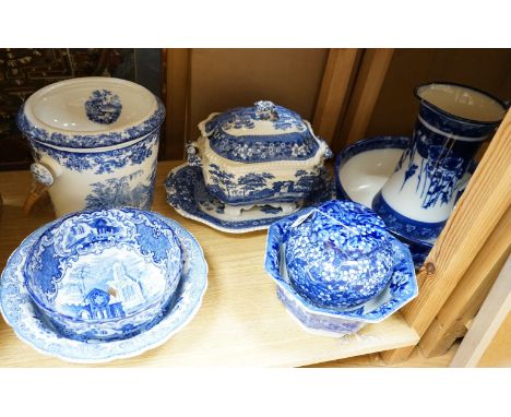 A blue and white jug and basin, tureen, cover and stand, slop pail, a jar and cover and three bowls