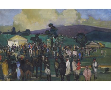 Attributed to Bertram Priestman (1868-1951), oil on canvas, Sketch of a race meeting, initialled, 51 x 76cm, unframed
