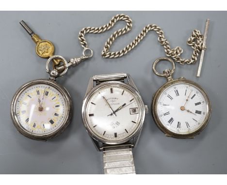 A gentleman's steel Rotary Electronic GT wrist watch and two Swiss white metal fob watches