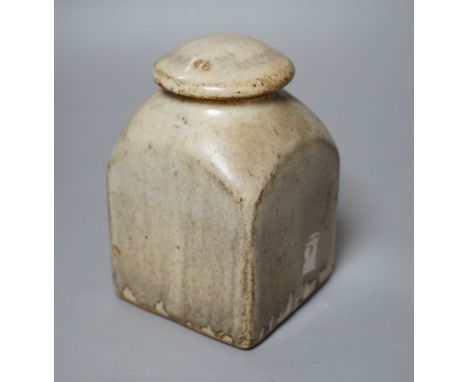 Bernard Leach for St Ives pottery, a mushroom-grey glazed square sided jar and cover, impressed marks to base, 16.5cm tall Pr