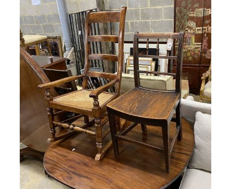 A 19th century provincial Lancaster ladder back rush seated rocking chair and a Regency elm seat dining chair