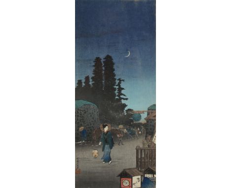 Japanese woodblock print, moonlit street scene, signed, image 37cm x 16cm, framedGood condition, mount discoloured 