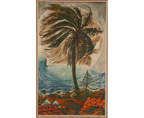 Richard Calver, colour lino-cut print, Bondi Palm, signed in pencil, no. 3/25, image 54cm x 32cm, framedGood condition 