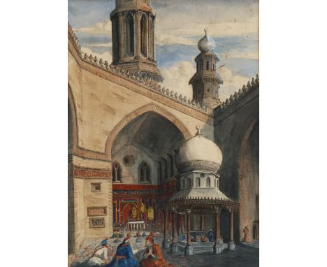 19th century watercolour, the mosque of Sultan Hassan Cairo Egypt, unsigned, 45cm x 32cm, framedSome light foxing in the sky,