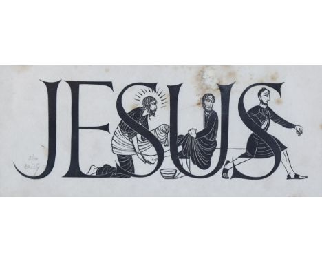 Eric Gill, woodblock print, Jesus, signed in pencil, no. 3/10, 8cm x 20cmDamp stain along top edge and several fox marks, ori