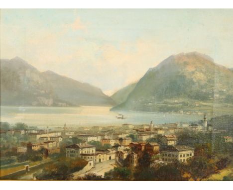 19th century oil on canvas, Swiss lake scene, unsigned, 23cm x 29cm, framed1 small patch repair in the centre of the canvas w