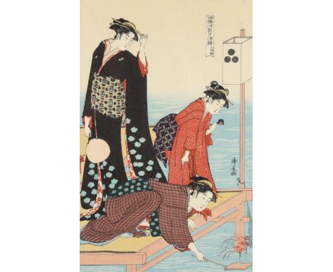 Toru Kiyonaga, woodblock print, ladies beside a river, signed, image 38cm x 24cm, framedVery slight paper discolouration 