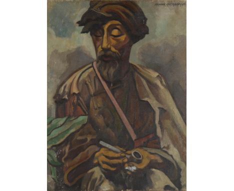 Arnold Auerbach, oil on canvas, man with pipe, signed, 61cm x 46cm, unframedSmall tear near top left-hand corner, several lig