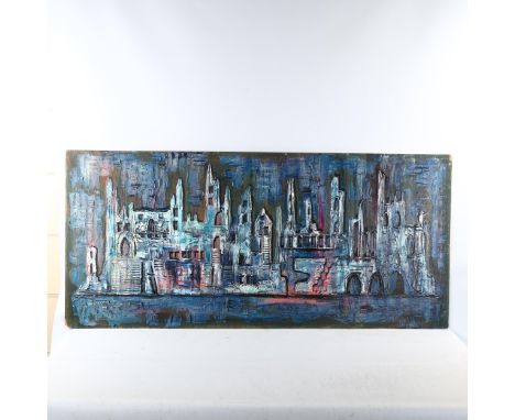 T Sioni?, impasto oil on panel, cityscape, indistinctly signed, 56cm x 122cm, unframedGood condition 