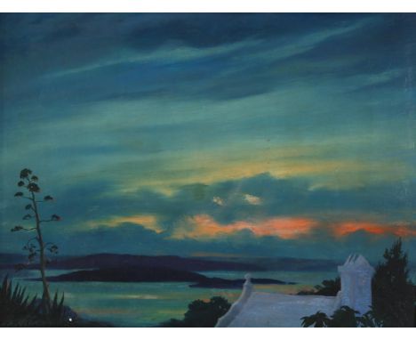 Emile Antoine Verpilleux (1888 - 1964), oil on wood panel, Bermuda evening, signed and dated 1951, original label verso, 30cm