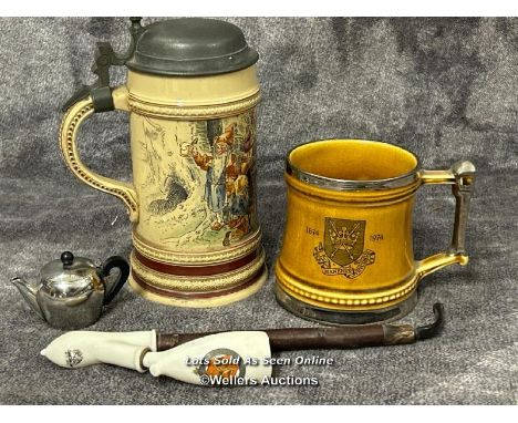 Ceramic German Beer stein with pewter lid,  small Britannia mug, ceramic smoking pipe and miniature tea pot by Carlo Alessi /