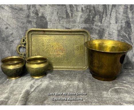 Brass ware including a Chinese planter, two matching plant pots and Indian tray / AN23 