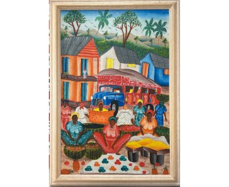 Haitian market scene folk art, oil on canvas, signed Dadou, 48 x 68cm including frame (Lot subject to VAT) 