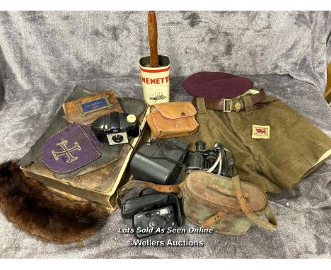 Assorted items including a very large old Bible, vintage Scouts shorts, hat , old cameras and binoculars / AN29 