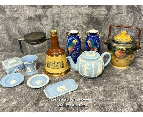 Assorted ceramics and glassware including vases, biscuit barrels, Wedgwood and empty Bells Whisky bottle (11) / AN24 