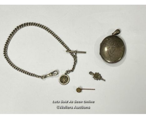 A Victorian silver oval locket hallmarked Birmingham 1880, and a silver graduated curb link watch chain with T-bar hallmarked