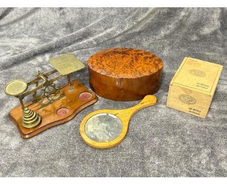 Oval walnut trinket box, 23x10x16cm, brass scales with weights, small wooden hand mirror and Hoyo de Monterrey Habana cigar b