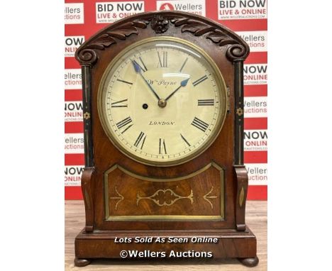 Antique single fusee mahogany brass inlay mantle clock by William Payne, London. Face 20cm diameter, case 31x42x17cm, movemen