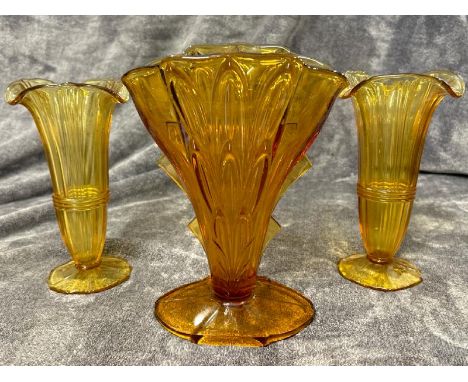 Three art deco style amber glass vases, tallest 25cm high / AN8 