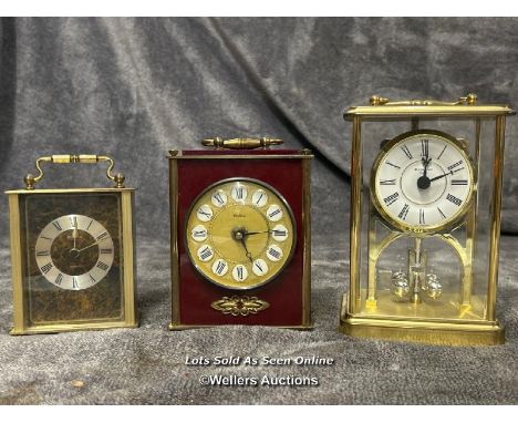 Three vintage style battery operated carriage clocks, tallest 16cm high / AN35 