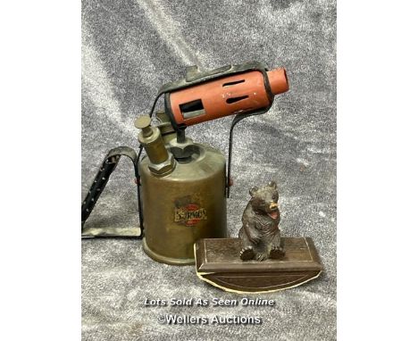 Antique carved Bear blotter, 10cm high and vintage blow torch / AN29 