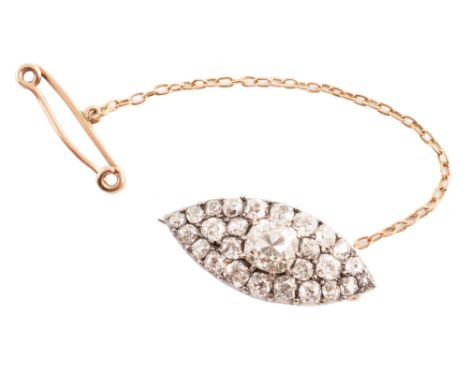 Victorian diamond marquise cluster brooch , the central cushion shaped old cut diamond weighing approximately 1 carat (assess