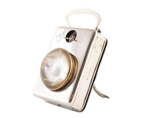 Early 20th silver travelling carriage lamp , the rectangular box form lamp with domed magnifying glass front, hinged reverse 