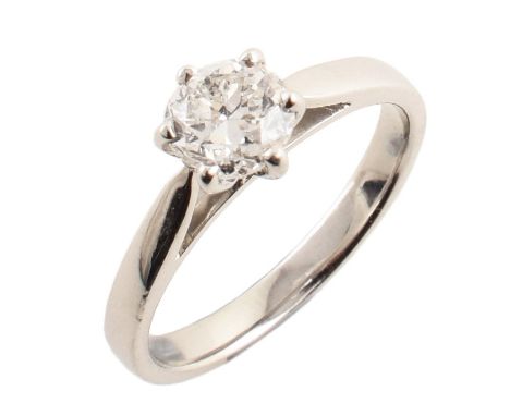 Diamond solitaire platinum ring , the round brilliant cut diamond weighing approximately 0.75 carat, assessed colour I/J, ass