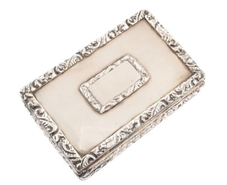 Early 19th Century Continental rectangular silver snuff box , with applied borders and cartouche surround, 65mm x 43mm, unmar