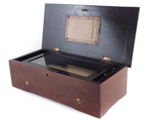 Mid 19th century French cylinder musical box, internal wind mechanism, single comb, 20cm (8"), cylinder playing six airs orig