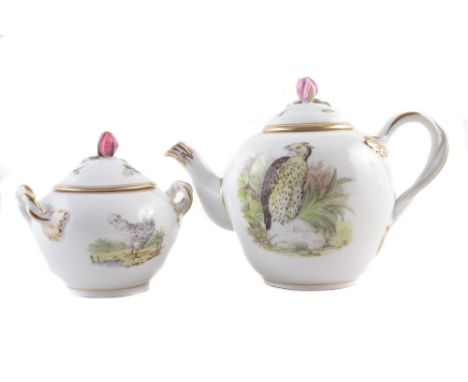 Copenhagen teapot and a sucrier, with rose finials, painted with hens and birds of prey, mid 19th century, (4) the teapot sta