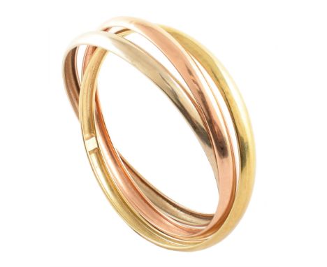 14ct gold 3-colour interlocking bangle , the Russian wedding ring style 3-section yellow, rose and white gold bangle of hollo