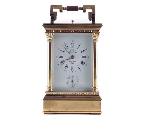 20th century carriage clock, brass frame, white enamelled dial, 8-day movement striking on single gong, alarm and repeater, h