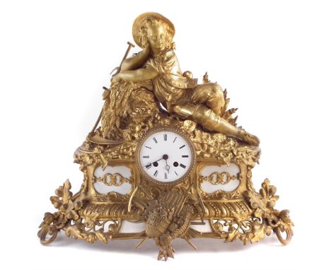 Late 19th century French mantle clock, 8-day movement by Japy Freres, striking on a single bell, ormolu case, cast in the for