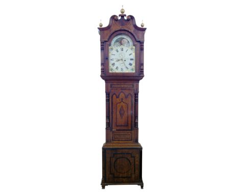 J &amp; E Flint, Birmingham long-case clock, eight-day movement, striking on single bell, canopy with double swan neck, brass